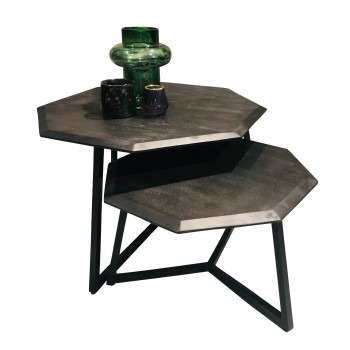 8 hoekige salontafelset van 2 | 70/70/45 cm en 55/55/34 cm | Mangohout zwart