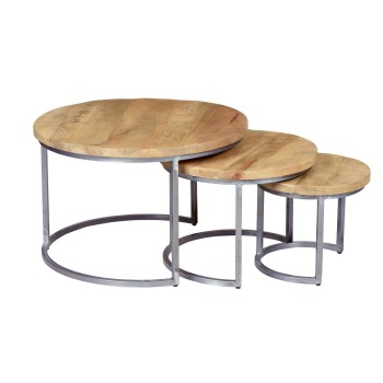 Salontafel set van 3 | Rond | 76 + 56 + 41 cm | Mangohout met grijs onderstel